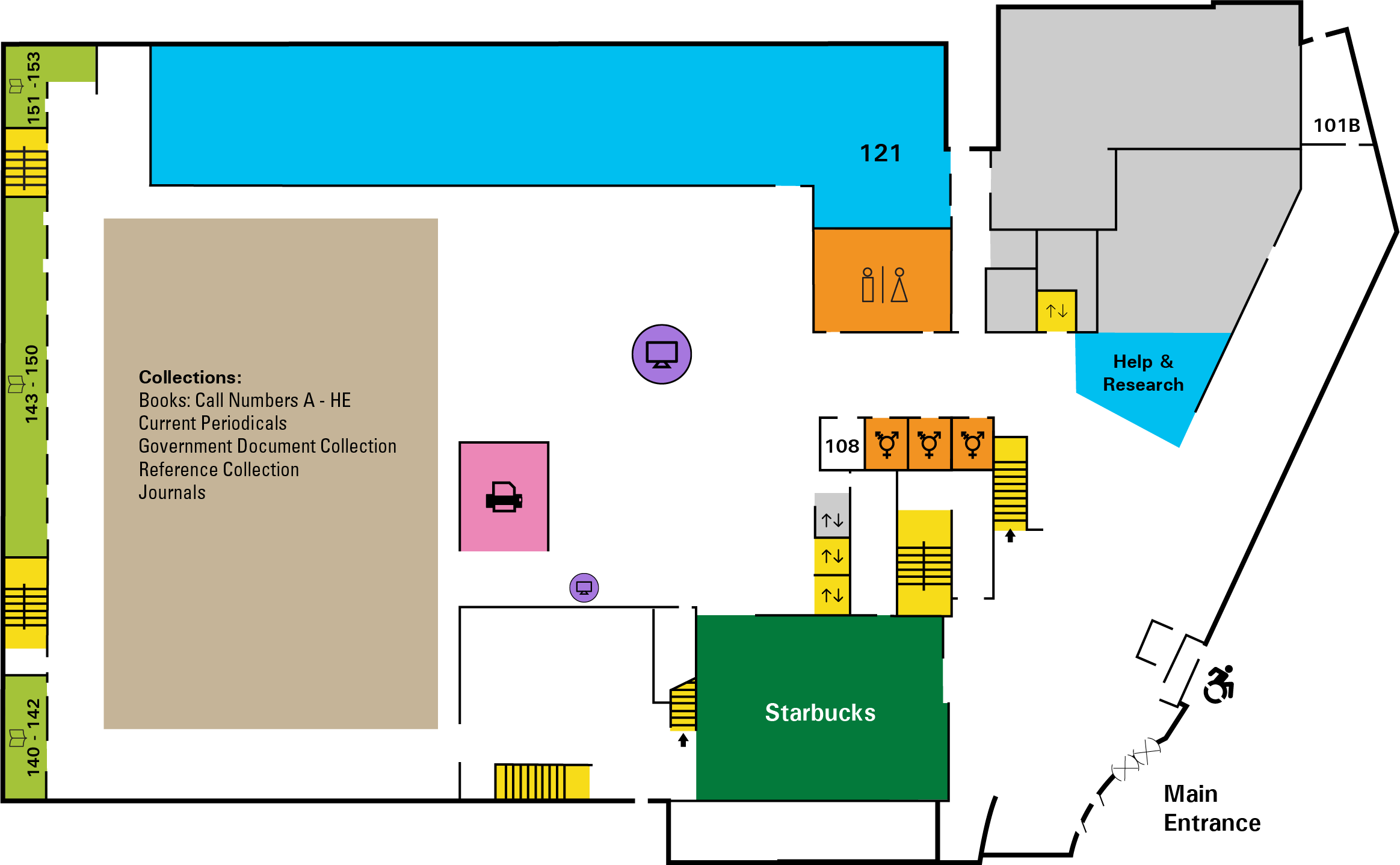 Floor map of the first floor of Cabell Library