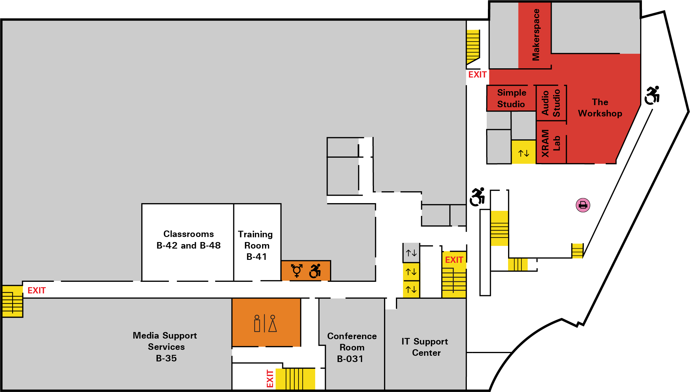 Floor map of the lower lever of Cabell Library