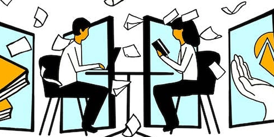 An abstract design of a man and a woman sitting at desk with papers falling from the sy around them