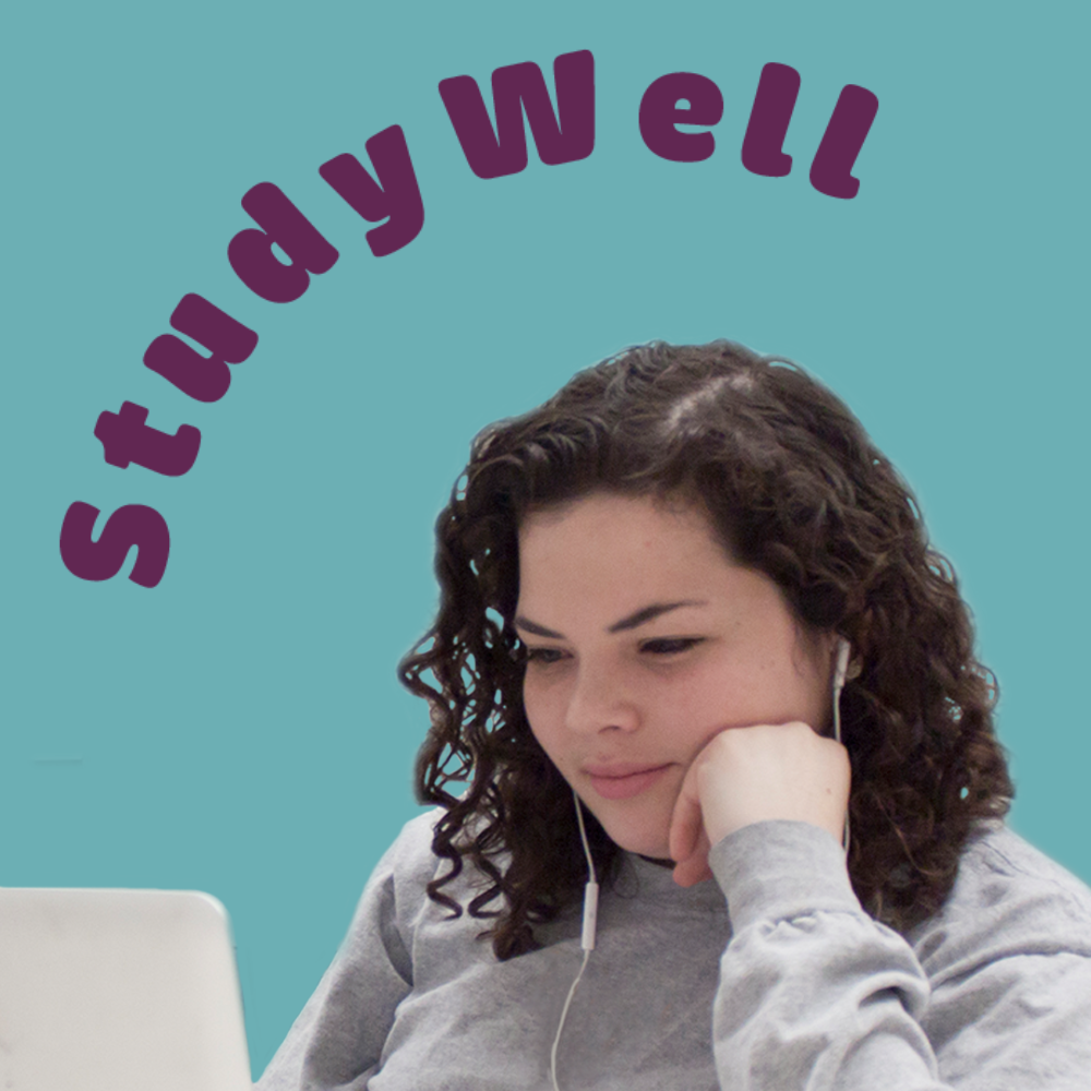 a blue background and woman looking at a computer screen with headphones in with dark curly hair with the word StudyWell curved around the top left corner of the image.