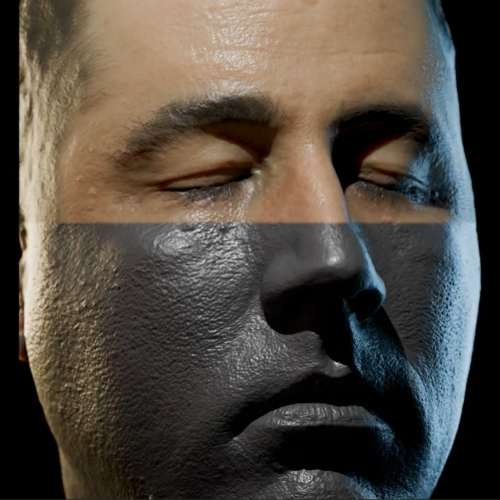 an image of a mans face eyes closed zoomed in so his face takes up the whole screen, the top half of the face is normal skin tone and the bottom half beginning halfway up the nose appears gray as if drawn in graphite pencil